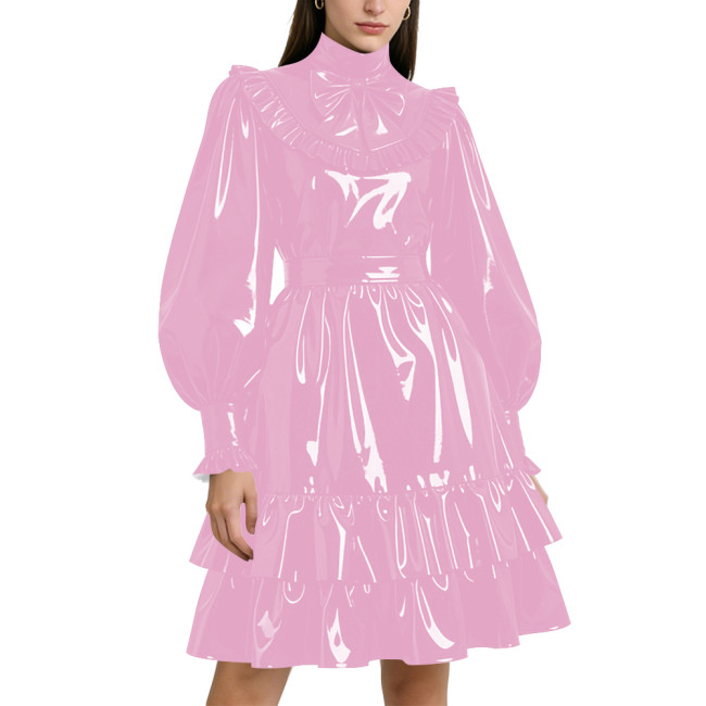 Shiny PVC Leather Formal A-line Dress Lockable Puff Long Sleeves Ruffle Pleated Knee-length Dress Party Retro Wetlook Prom Gown
