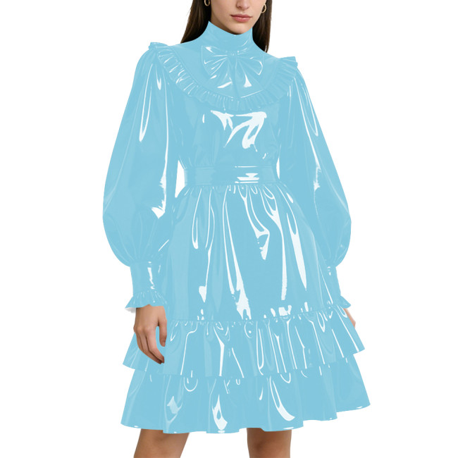 Shiny PVC Leather Formal A-line Dress Lockable Puff Long Sleeves Ruffle Pleated Knee-length Dress Party Retro Wetlook Prom Gown