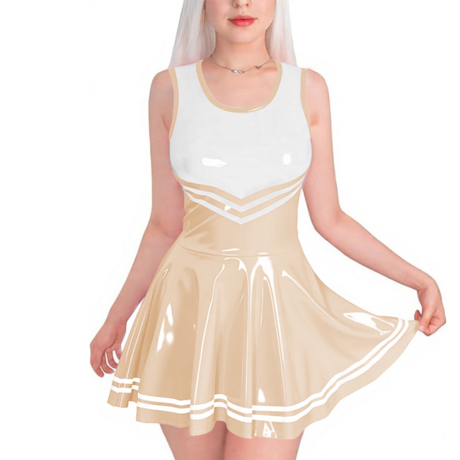Sissy Club PVC Shiny Leather Mini Dress Sexy Sleeveless Patchwork A-line Dress with Striped Trim Vinyl Party Cosplay Short Gown