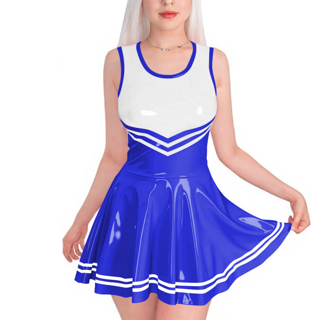 Sissy Club PVC Shiny Leather Mini Dress Sexy Sleeveless Patchwork A-line Dress with Striped Trim Vinyl Party Cosplay Short Gown