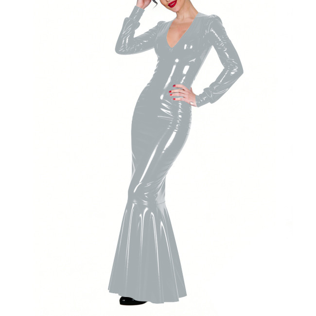 Shiny Vinyl PVC Floor-Length Fishtail Dress Womens Sexy V-neck Tight Mermaid Dress for Evening Parties Elegant Formal Long Robe