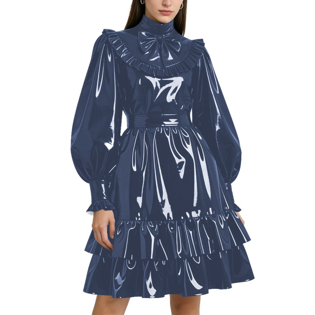 Shiny PVC Leather Formal A-line Dress Lockable Puff Long Sleeves Ruffle Pleated Knee-length Dress Party Retro Wetlook Prom Gown