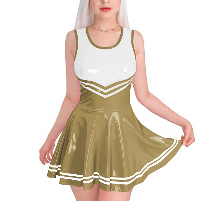 Sissy Club PVC Shiny Leather Mini Dress Sexy Sleeveless Patchwork A-line Dress with Striped Trim Vinyl Party Cosplay Short Gown
