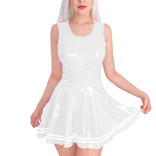 Sissy Club PVC Shiny Leather Mini Dress Sexy Sleeveless Patchwork A-line Dress with Striped Trim Vinyl Party Cosplay Short Gown