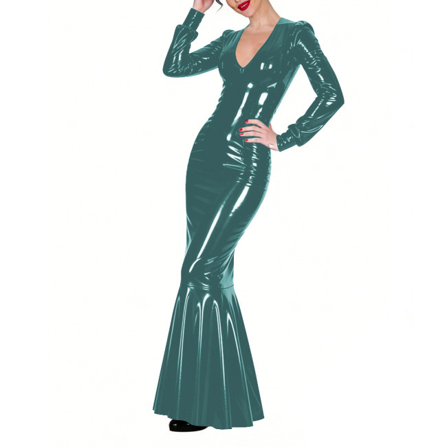 Shiny Vinyl PVC Floor-Length Fishtail Dress Womens Sexy V-neck Tight Mermaid Dress for Evening Parties Elegant Formal Long Robe