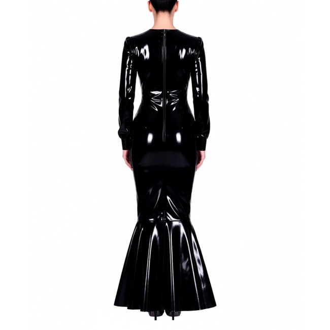 Shiny Vinyl PVC Floor-Length Fishtail Dress Womens Sexy V-neck Tight Mermaid Dress for Evening Parties Elegant Formal Long Robe