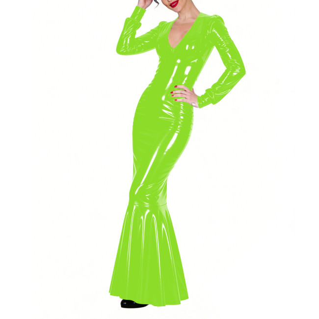 Shiny Vinyl PVC Floor-Length Fishtail Dress Womens Sexy V-neck Tight Mermaid Dress for Evening Parties Elegant Formal Long Robe