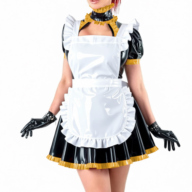 Sissy Lockable Shiny PVC Maid Uniforms French Style Ruffle Trim Hollow Mini Dress with Apron Halloween Party Role Play Outfit
