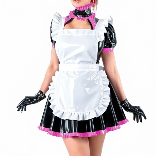 Sissy Lockable Shiny PVC Maid Uniforms French Style Ruffle Trim Hollow Mini Dress with Apron Halloween Party Role Play Outfit