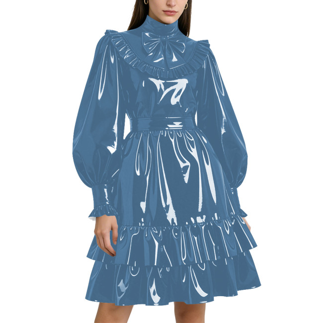 Shiny PVC Leather Formal A-line Dress Lockable Puff Long Sleeves Ruffle Pleated Knee-length Dress Party Retro Wetlook Prom Gown