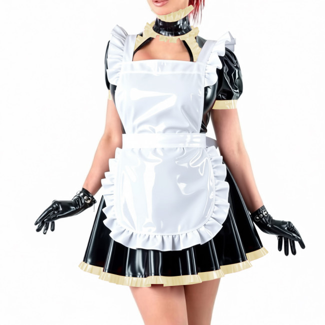 Sissy Lockable Shiny PVC Maid Uniforms French Style Ruffle Trim Hollow Mini Dress with Apron Halloween Party Role Play Outfit
