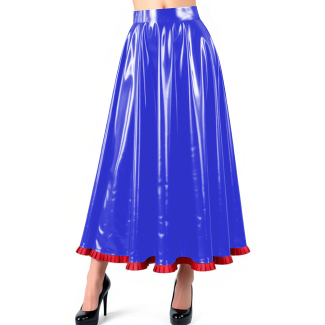 Sissy Glossy PVC Leather Pleated Maxi Skirt Shiny Wet Look High Waist Flared A-Line Long Skirt with Ruffled Hem Nightclub Outfit