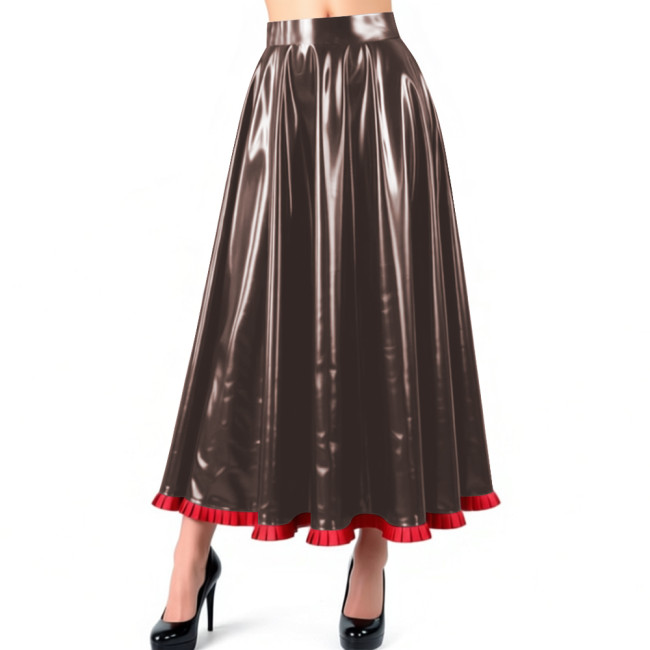 Sissy Glossy PVC Leather Pleated Maxi Skirt Shiny Wet Look High Waist Flared A-Line Long Skirt with Ruffled Hem Nightclub Outfit
