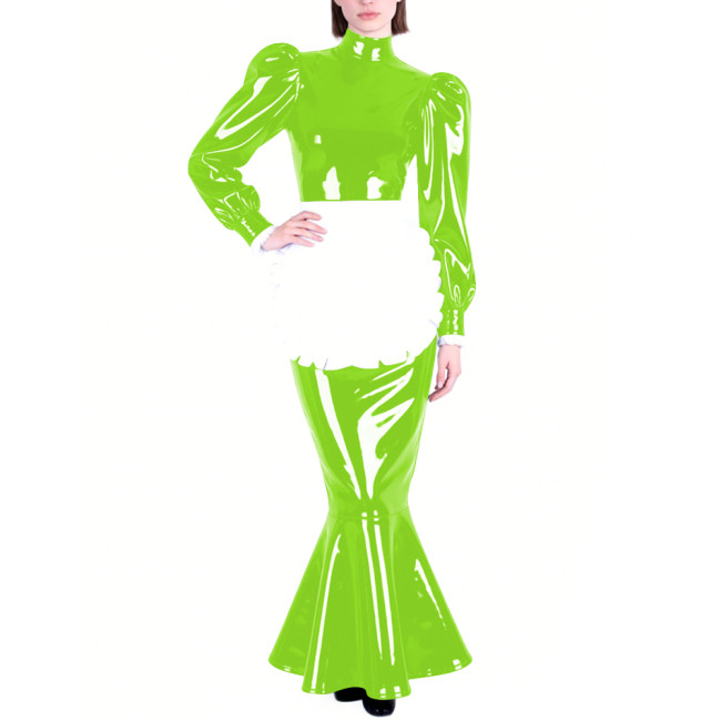 Mens Sissy PVC Glossy Mermaid Maid Dress High Neck Puff Long Sleeve Slim Fit Ruffled Long Dress with Apron Party Cosplay Outfits