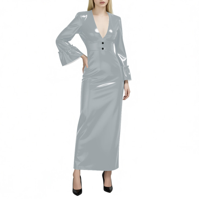 Women's Glossy PVC Leather Maxi Dress Sexy Deep V Neck Long Flare Sleeve Slim Pencil Dress Evening Party Club Formal Long Dress