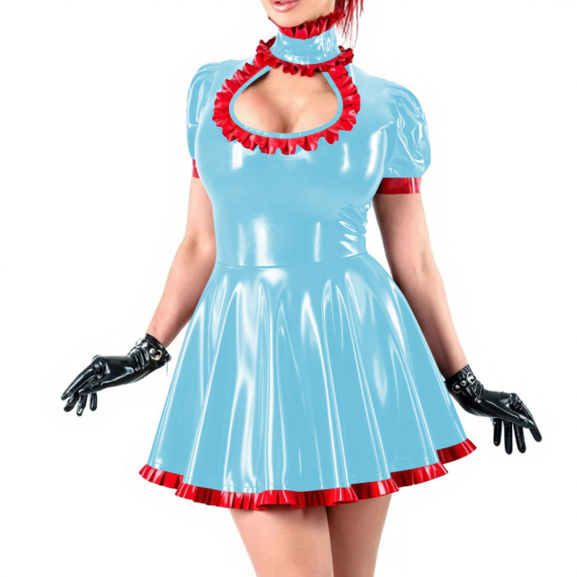 Sissy Sexy Ruffles High Neck A-line Mini Dress Vinyl PVC Leather Hollow Out Chest Short Flared Skater Dress for Party Outfits