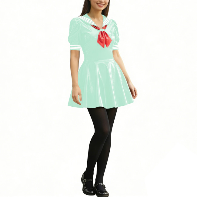 Anime Party Cosplay Sailor Mini Dress Short Sleeve Sweet Glossy PVC A-line Dress Wetlook Patent Leather Short Dress JK Uniforms