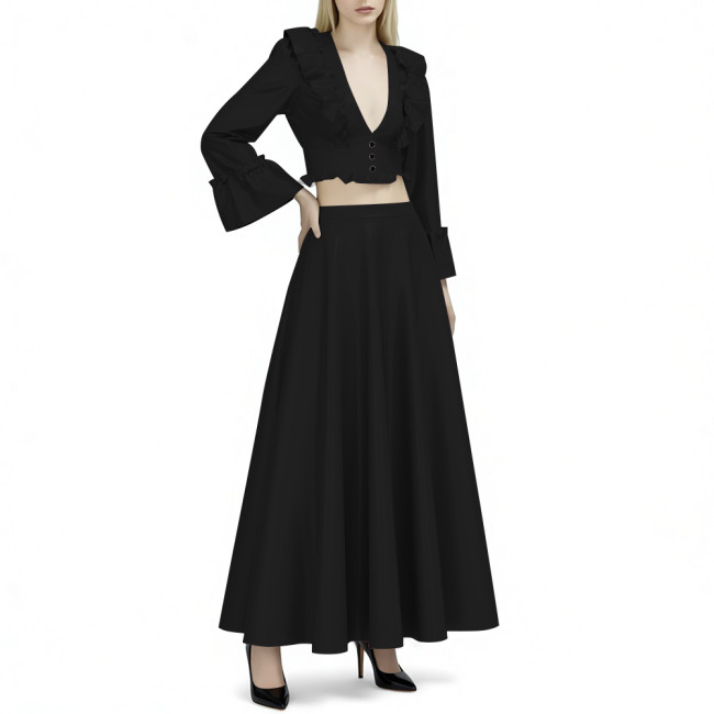 Women's Vinyl PVC Leather 2-Piece Outfit Glossy Ruffled Deep V Neck Crop Top and High Waist Flared Maxi Skirt Party Set for Club