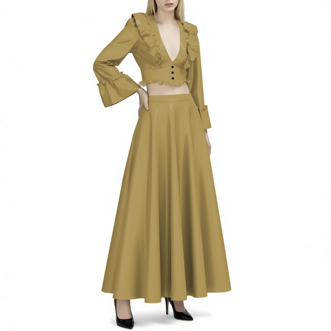 Women's Vinyl PVC Leather 2-Piece Outfit Glossy Ruffled Deep V Neck Crop Top and High Waist Flared Maxi Skirt Party Set for Club
