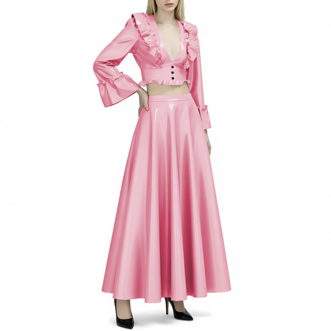 Women's Vinyl PVC Leather 2-Piece Outfit Glossy Ruffled Deep V Neck Crop Top and High Waist Flared Maxi Skirt Party Set for Club