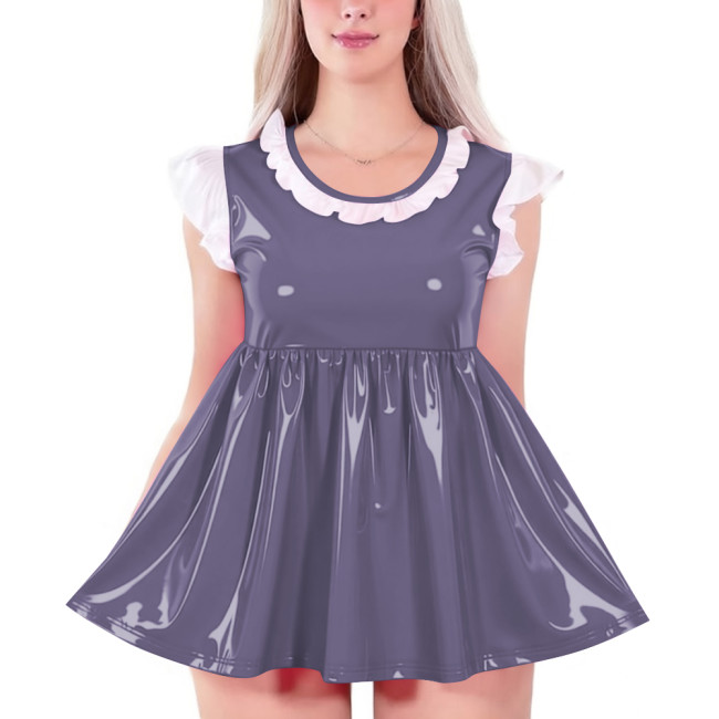 Womens O-neck Glossy High Waist A-line Dress Shiny PVC Leather Sleeveless Mini Badydoll Dress for Party Club Cosplay Nightwear