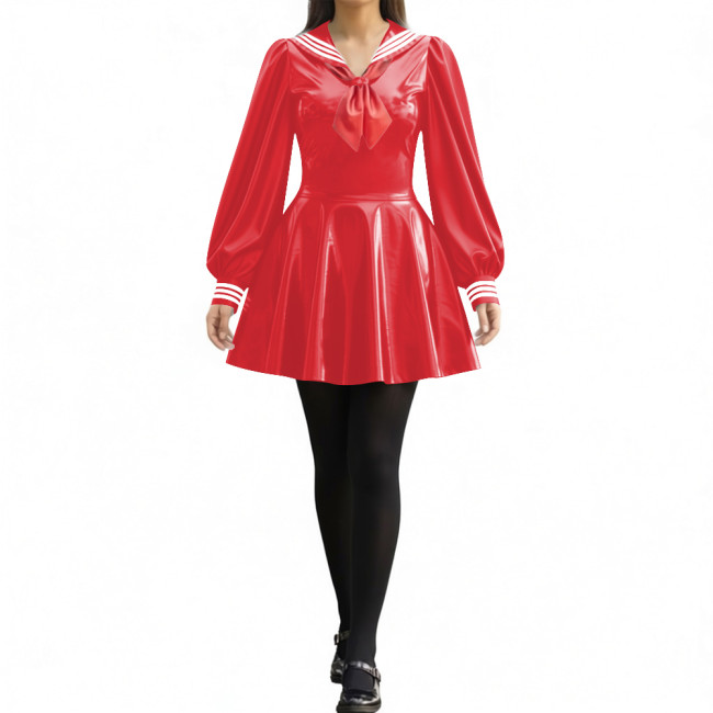 Party Sexy Pleated Sailor Collar Mini Dress for Anne Cosplay Cosutme Glossy PVC Leather Long Lantern Sleeve Short Dress with Bow
