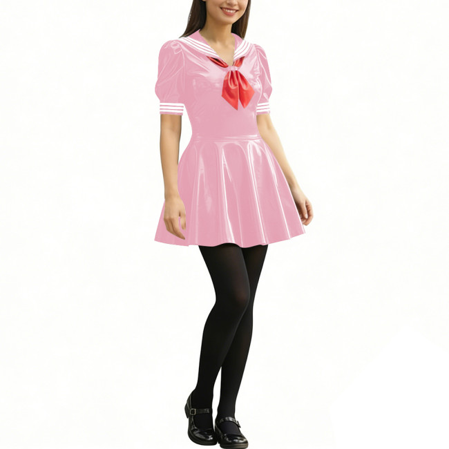 Anime Party Cosplay Sailor Mini Dress Short Sleeve Sweet Glossy PVC A-line Dress Wetlook Patent Leather Short Dress JK Uniforms