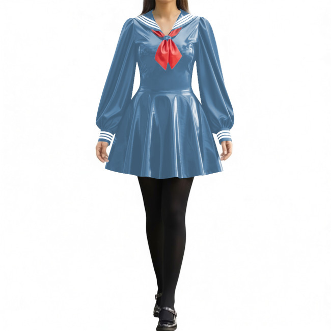 Party Sexy Pleated Sailor Collar Mini Dress for Anne Cosplay Cosutme Glossy PVC Leather Long Lantern Sleeve Short Dress with Bow
