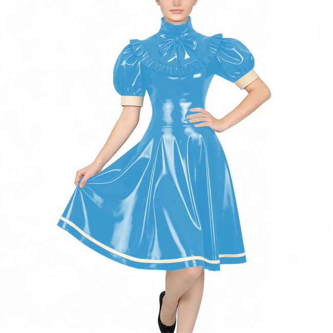 Women's Glossy PVC Vintage Style Dress Plus Size Party Knee-lenght A-line Dress Patchwork High Neck Ruffled Bow Flare Midi Dress