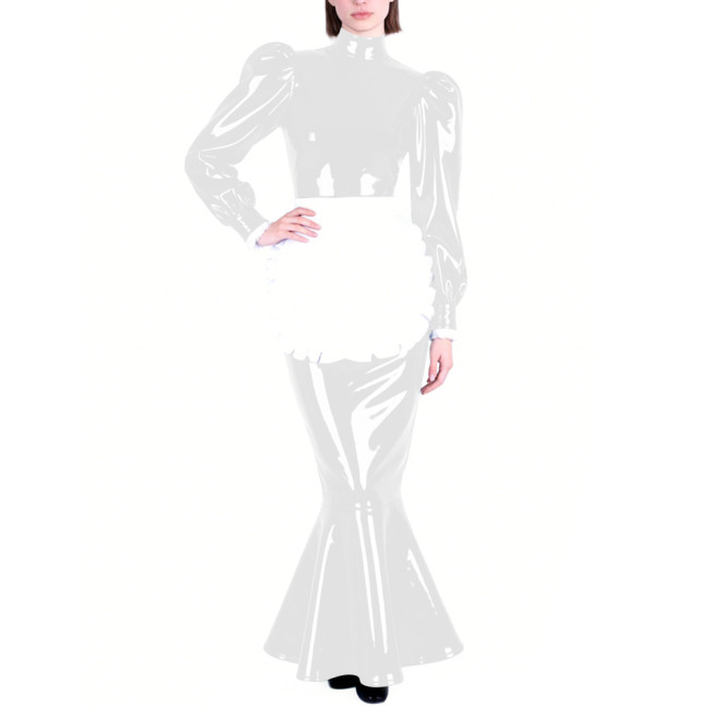 Mens Sissy PVC Glossy Mermaid Maid Dress High Neck Puff Long Sleeve Slim Fit Ruffled Long Dress with Apron Party Cosplay Outfits