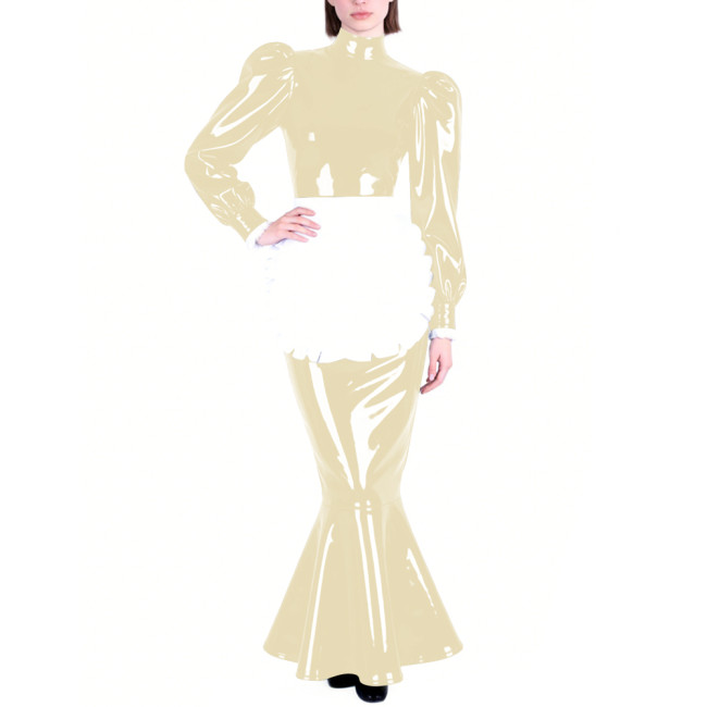 Mens Sissy PVC Glossy Mermaid Maid Dress High Neck Puff Long Sleeve Slim Fit Ruffled Long Dress with Apron Party Cosplay Outfits
