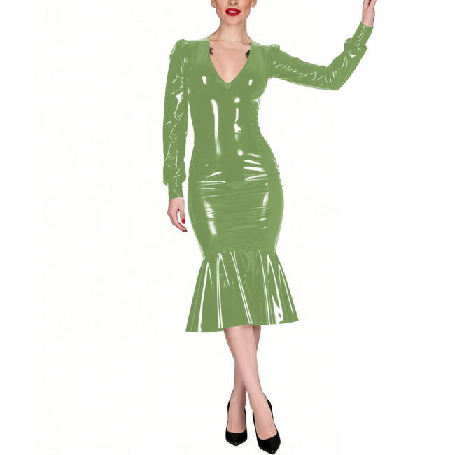 Office Ladies Sexy V-neck Glossy PVC Leather Dress Wetlook Party Long Sleeves Bodycon Mermad Dress Coctail Retro Gown Plus Size