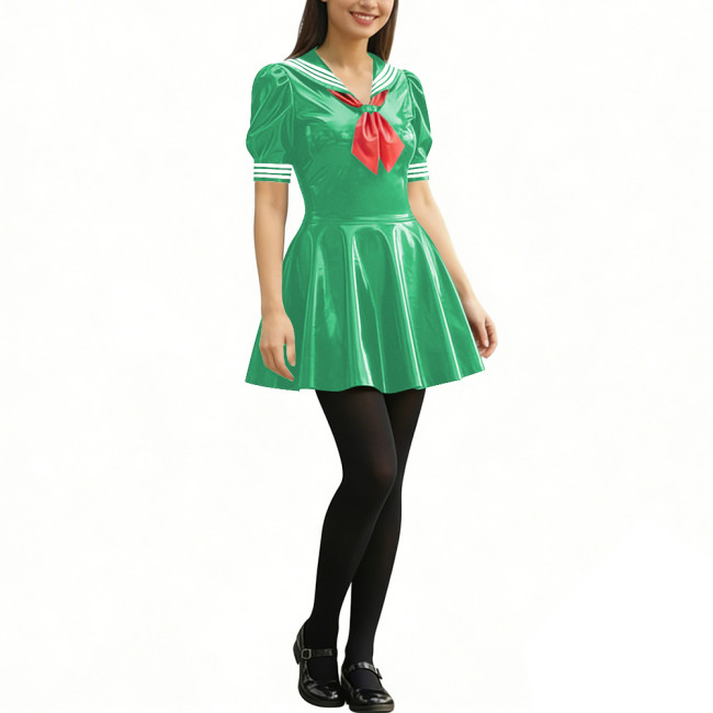 Anime Party Cosplay Sailor Mini Dress Short Sleeve Sweet Glossy PVC A-line Dress Wetlook Patent Leather Short Dress JK Uniforms