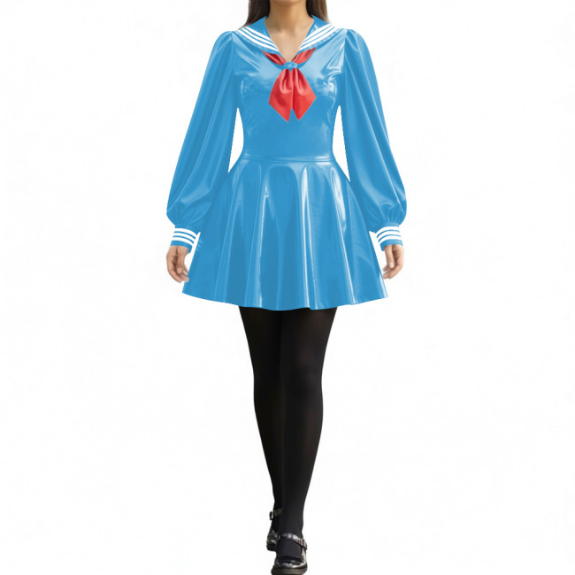 Party Sexy Pleated Sailor Collar Mini Dress for Anne Cosplay Cosutme Glossy PVC Leather Long Lantern Sleeve Short Dress with Bow