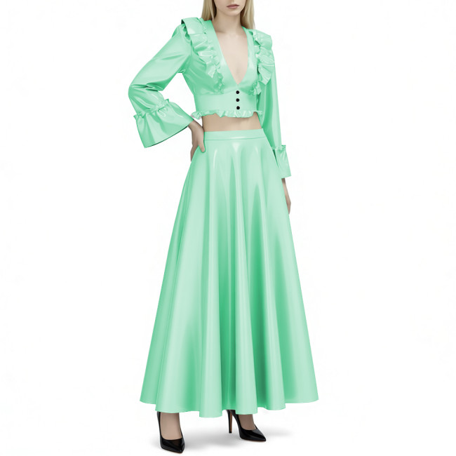 Women's Vinyl PVC Leather 2-Piece Outfit Glossy Ruffled Deep V Neck Crop Top and High Waist Flared Maxi Skirt Party Set for Club