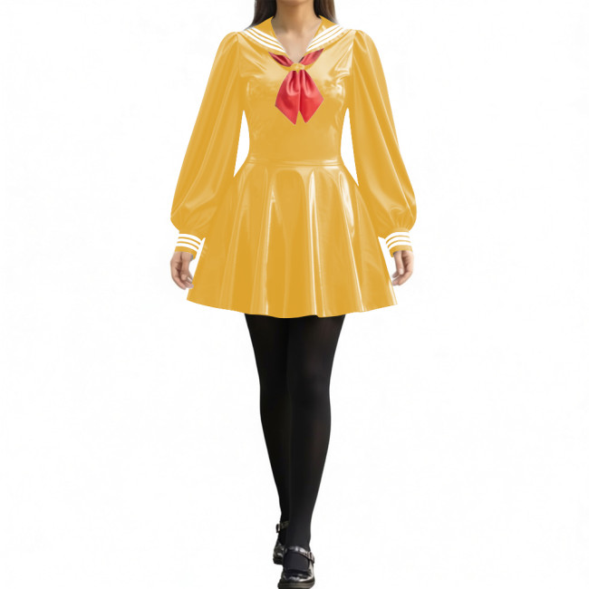 Party Sexy Pleated Sailor Collar Mini Dress for Anne Cosplay Cosutme Glossy PVC Leather Long Lantern Sleeve Short Dress with Bow