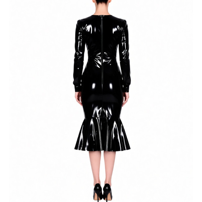 Office Ladies Sexy V-neck Glossy PVC Leather Dress Wetlook Party Long Sleeves Bodycon Mermad Dress Coctail Retro Gown Plus Size