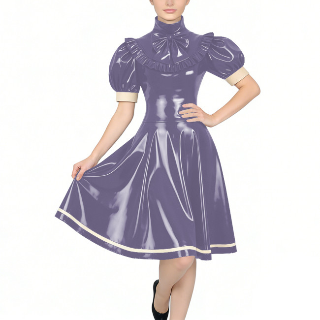 Women's Glossy PVC Vintage Style Dress Plus Size Party Knee-lenght A-line Dress Patchwork High Neck Ruffled Bow Flare Midi Dress