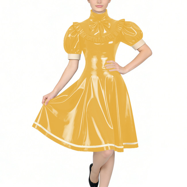 Women's Glossy PVC Vintage Style Dress Plus Size Party Knee-lenght A-line Dress Patchwork High Neck Ruffled Bow Flare Midi Dress