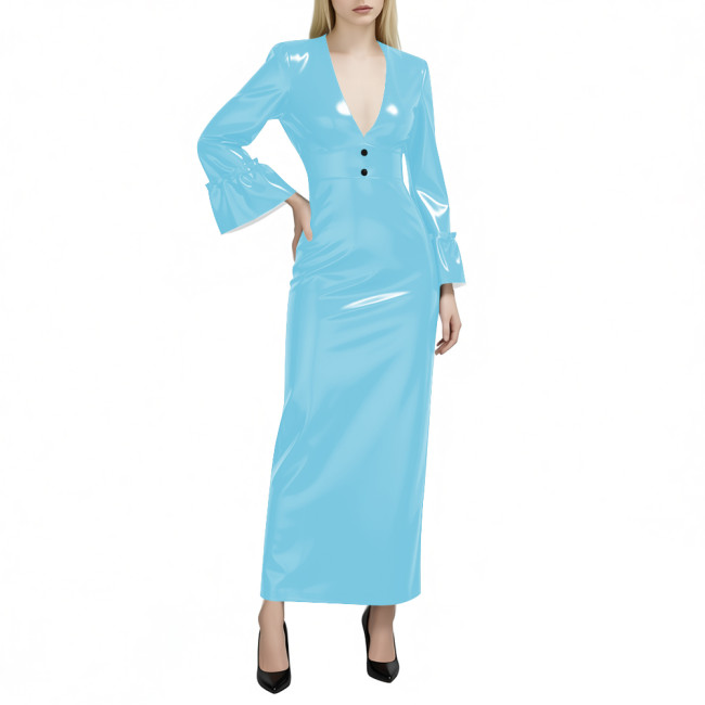 Women's Glossy PVC Leather Maxi Dress Sexy Deep V Neck Long Flare Sleeve Slim Pencil Dress Evening Party Club Formal Long Dress
