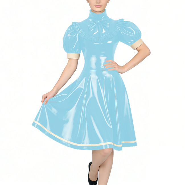Women's Glossy PVC Vintage Style Dress Plus Size Party Knee-lenght A-line Dress Patchwork High Neck Ruffled Bow Flare Midi Dress