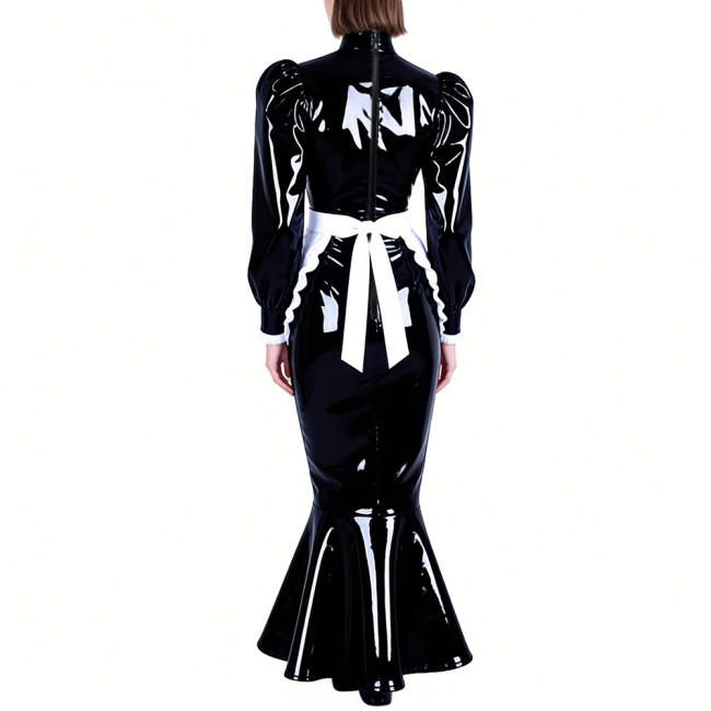Mens Sissy PVC Glossy Mermaid Maid Dress High Neck Puff Long Sleeve Slim Fit Ruffled Long Dress with Apron Party Cosplay Outfits