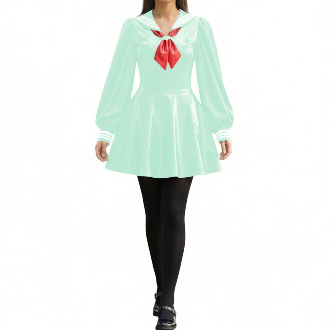 Party Sexy Pleated Sailor Collar Mini Dress for Anne Cosplay Cosutme Glossy PVC Leather Long Lantern Sleeve Short Dress with Bow