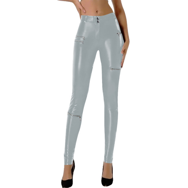 Punk Zipper PU Matte Leather Skinny Pencil Pants Womens High Waist Stretchy Faux Leather Leggings for Clubwear Female Streetwear