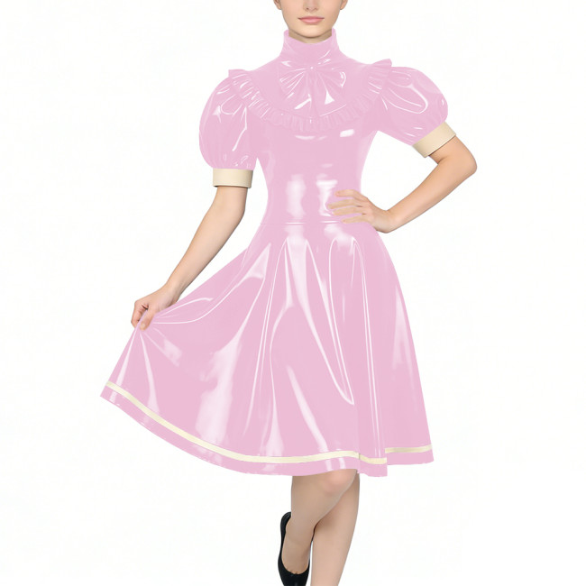Women's Glossy PVC Vintage Style Dress Plus Size Party Knee-lenght A-line Dress Patchwork High Neck Ruffled Bow Flare Midi Dress