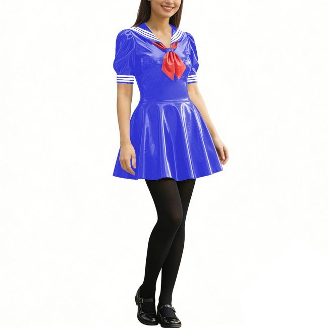 Anime Party Cosplay Sailor Mini Dress Short Sleeve Sweet Glossy PVC A-line Dress Wetlook Patent Leather Short Dress JK Uniforms