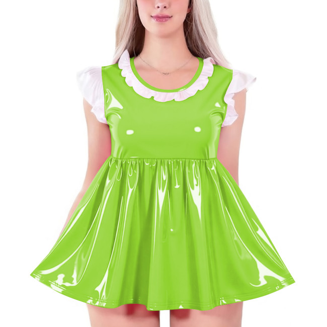 Womens O-neck Glossy High Waist A-line Dress Shiny PVC Leather Sleeveless Mini Badydoll Dress for Party Club Cosplay Nightwear