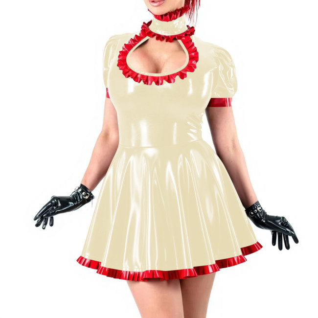 Sissy Sexy Ruffles High Neck A-line Mini Dress Vinyl PVC Leather Hollow Out Chest Short Flared Skater Dress for Party Outfits