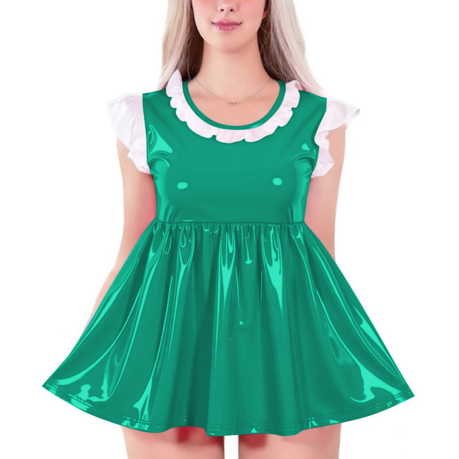 Womens O-neck Glossy High Waist A-line Dress Shiny PVC Leather Sleeveless Mini Badydoll Dress for Party Club Cosplay Nightwear