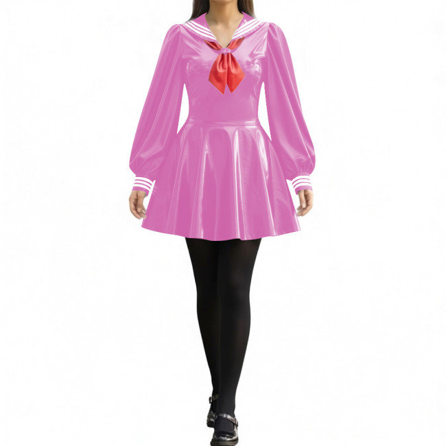 Party Sexy Pleated Sailor Collar Mini Dress for Anne Cosplay Cosutme Glossy PVC Leather Long Lantern Sleeve Short Dress with Bow